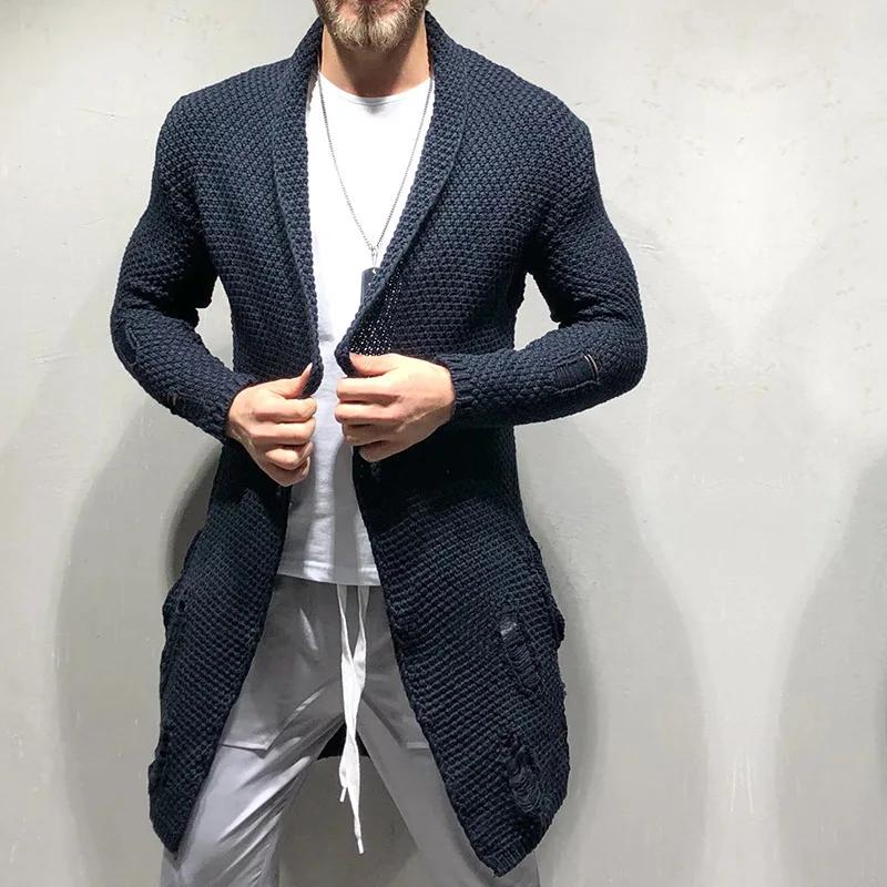 Fashion Solid Color Cardigan Men Knitted SweatersHoles Long Style Cardigans Autumn Winter Outwear Mens Sweater Coat 
